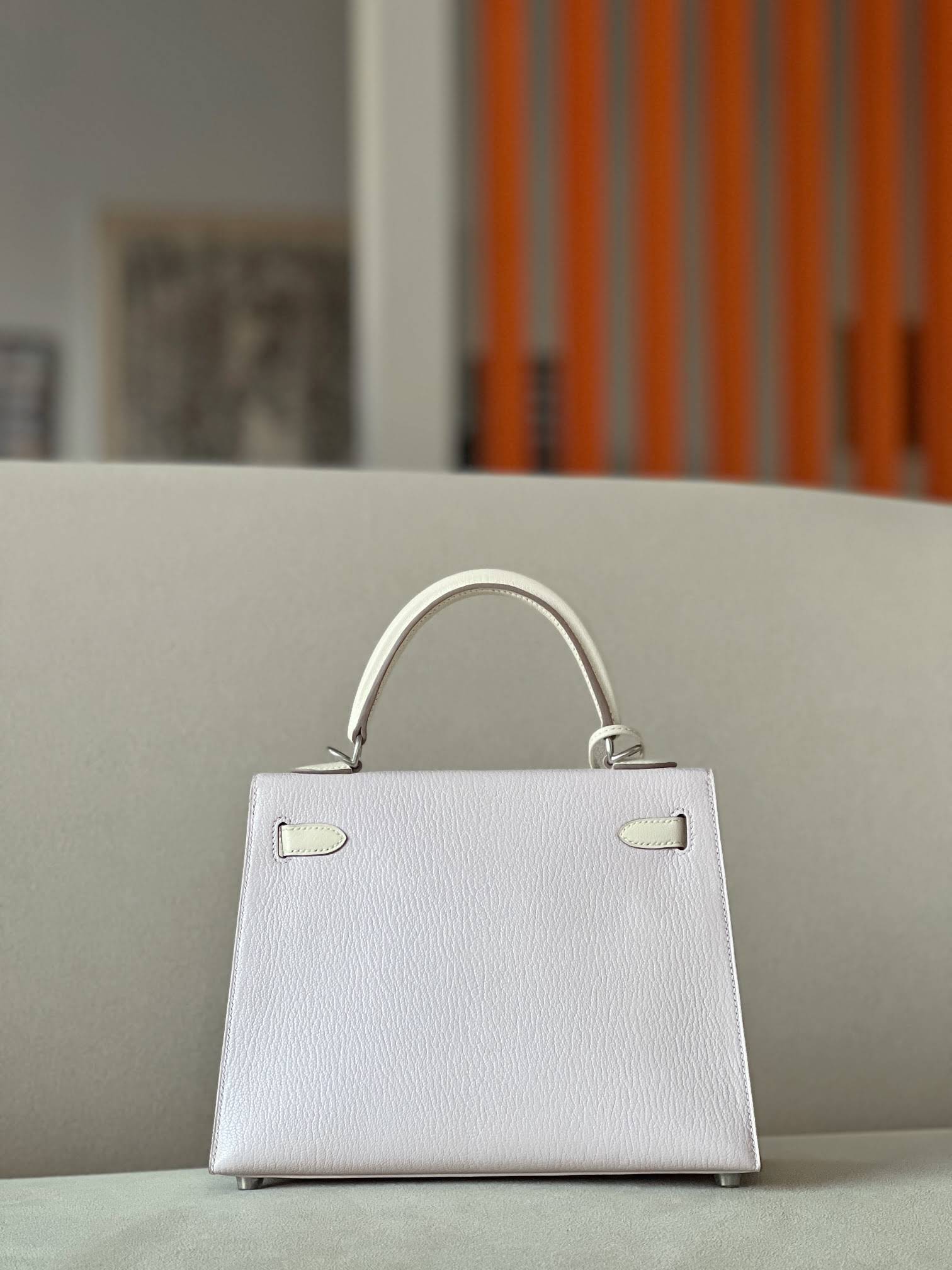 HERMES Kelly 25 Bag /09 Dreamy Purple/Nata Cream White/Matt Silver/Chevre Leather  