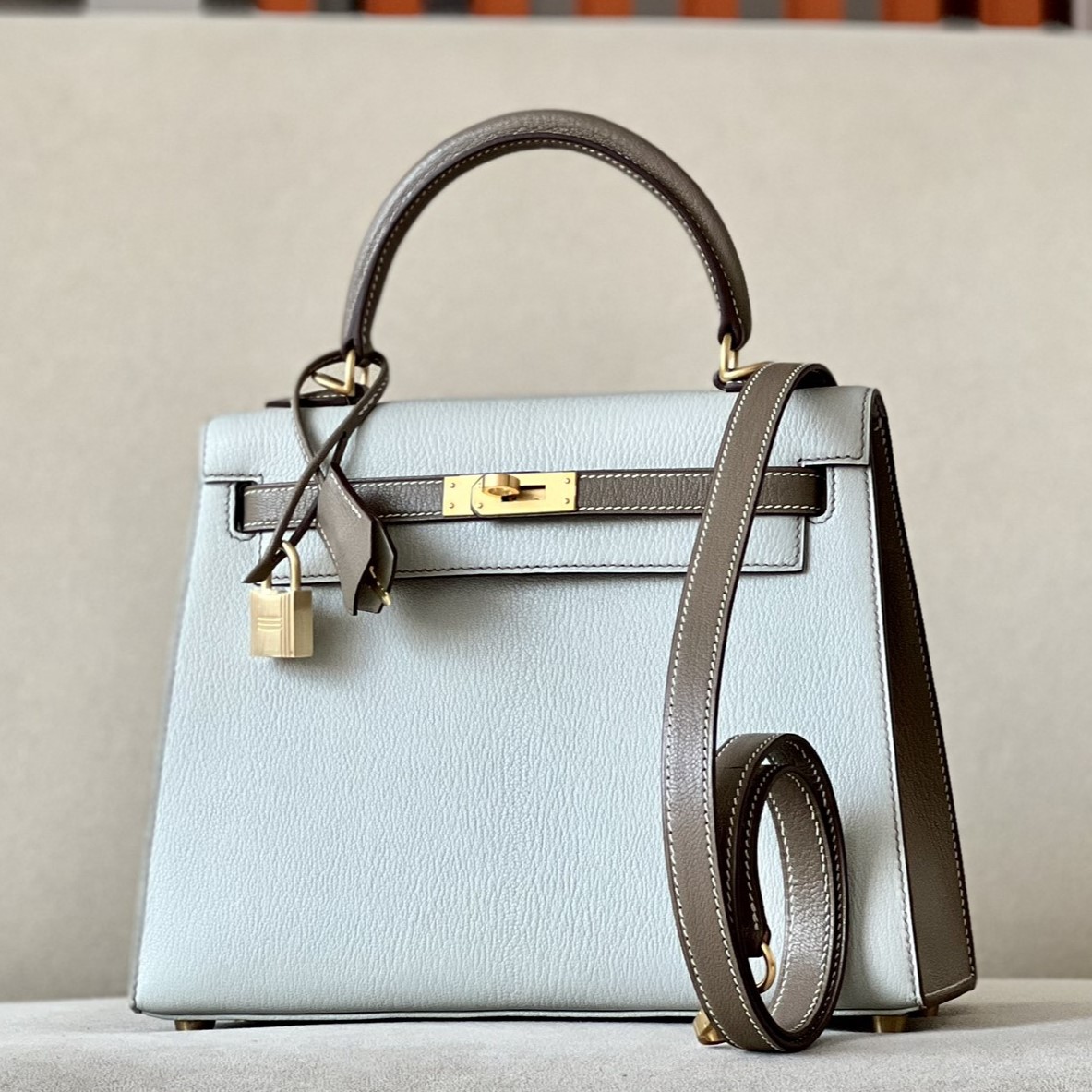 HERMES Kelly 25 Bag /80 Pearl Gray/CK18 Elephant Gray/Brushed Gold/Chevre  