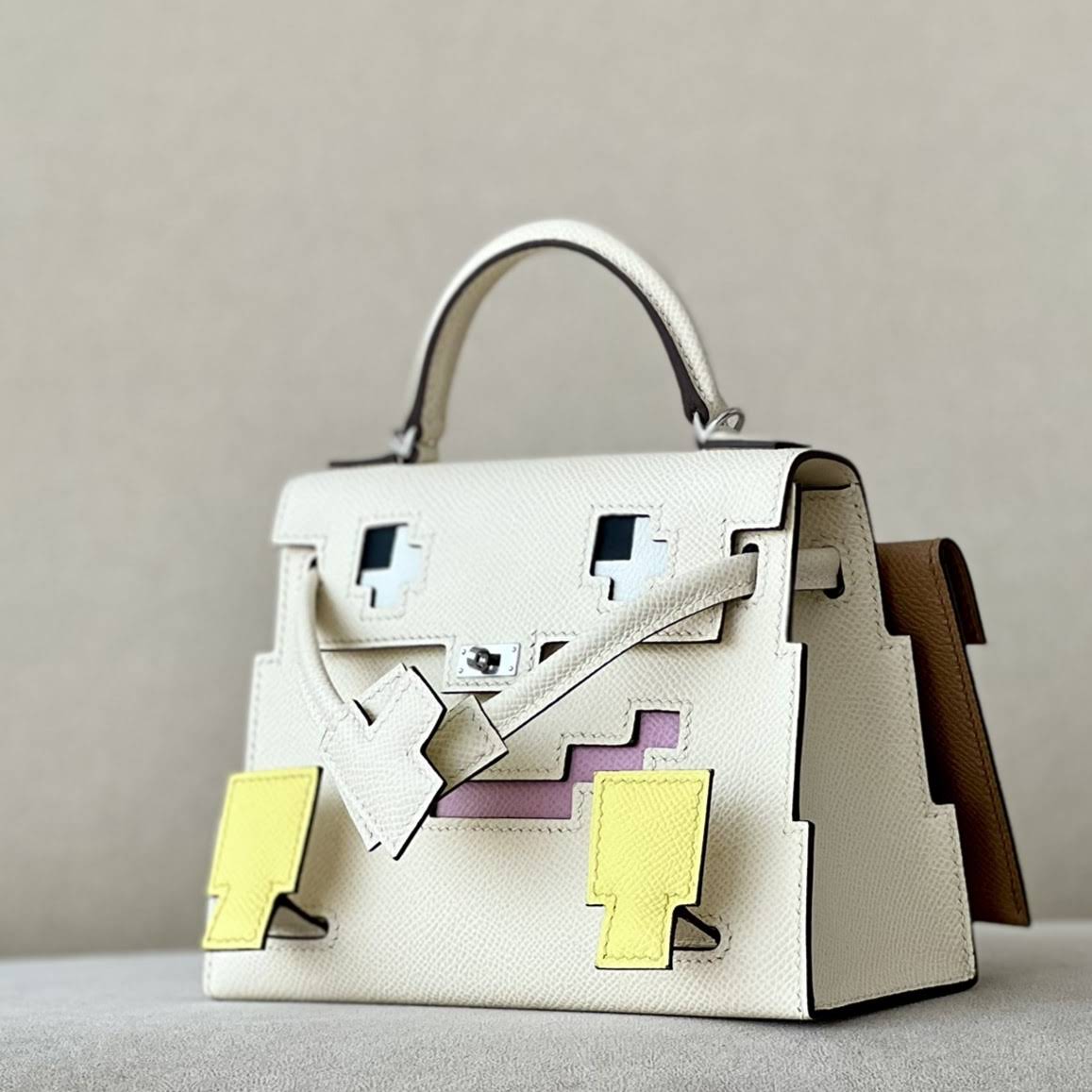 HERMES Kelly Doll Bag /Nata Cream White/X9 Mallow Purple/9R Lemon Yellow/OM Milk Tea Color/Silver Buckle/EP  