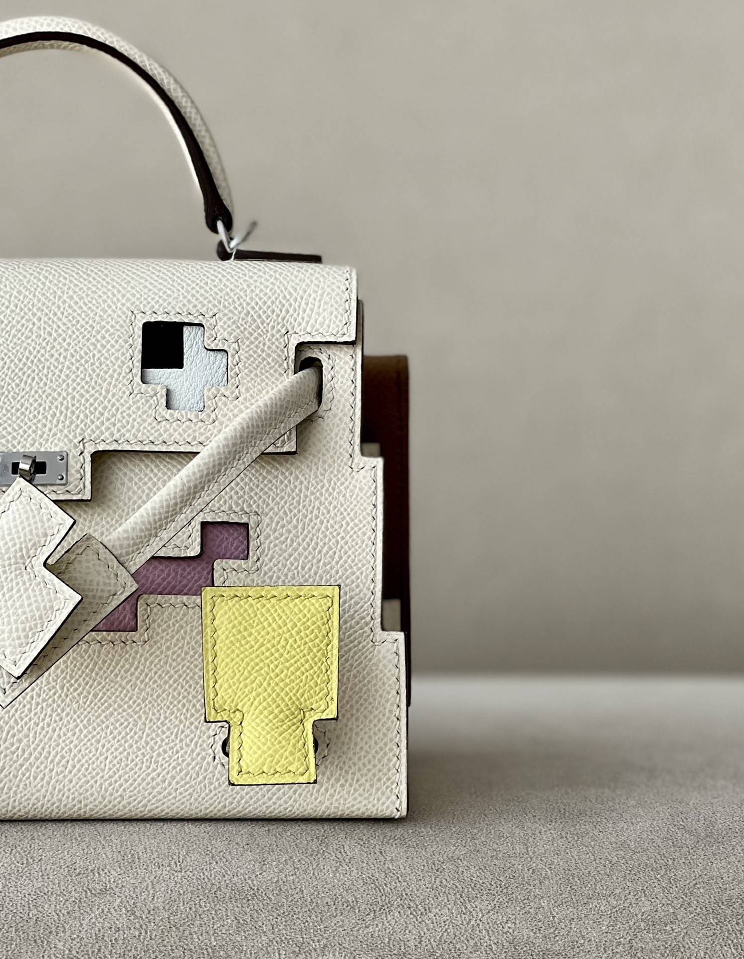 HERMES Kelly Doll Bag /Nata Cream White/X9 Mallow Purple/9R Lemon Yellow/OM Milk Tea Color/Silver Buckle/EP  