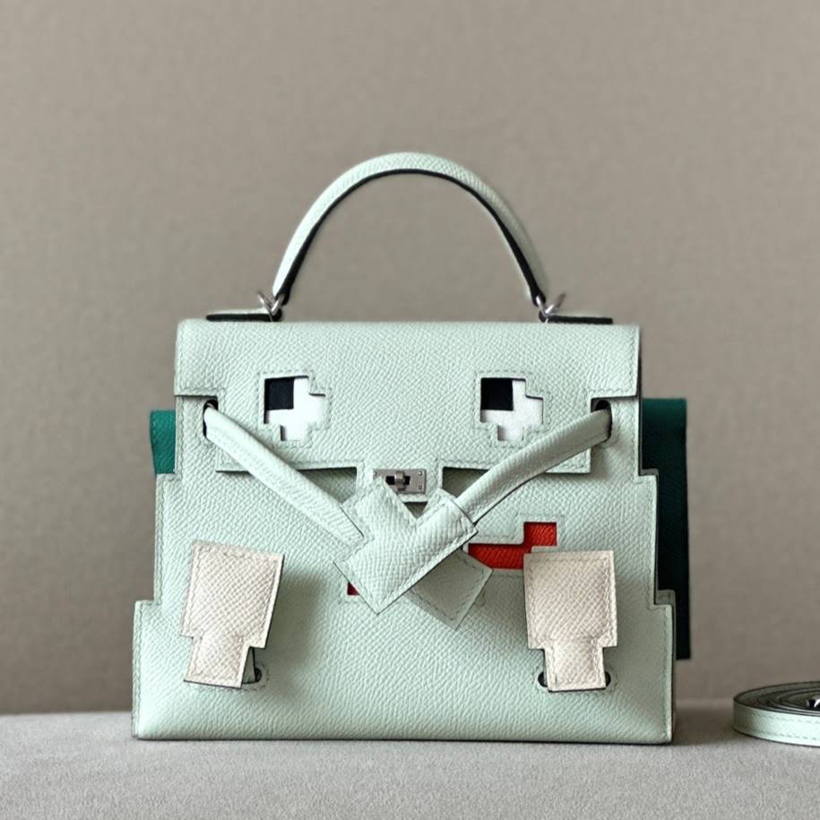 HERMES Kelly Doll Bag /OS Bubble Green/9J Flame Orange/Nata Cream White/06 Imperial Green/Silver Buckle/Epsom Leather  