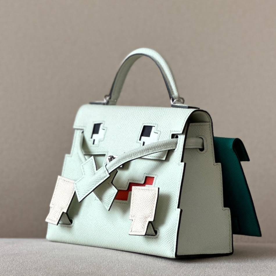 HERMES Kelly Doll Bag /OS Bubble Green/9J Flame Orange/Nata Cream White/06 Imperial Green/Silver Buckle/Epsom Leather  