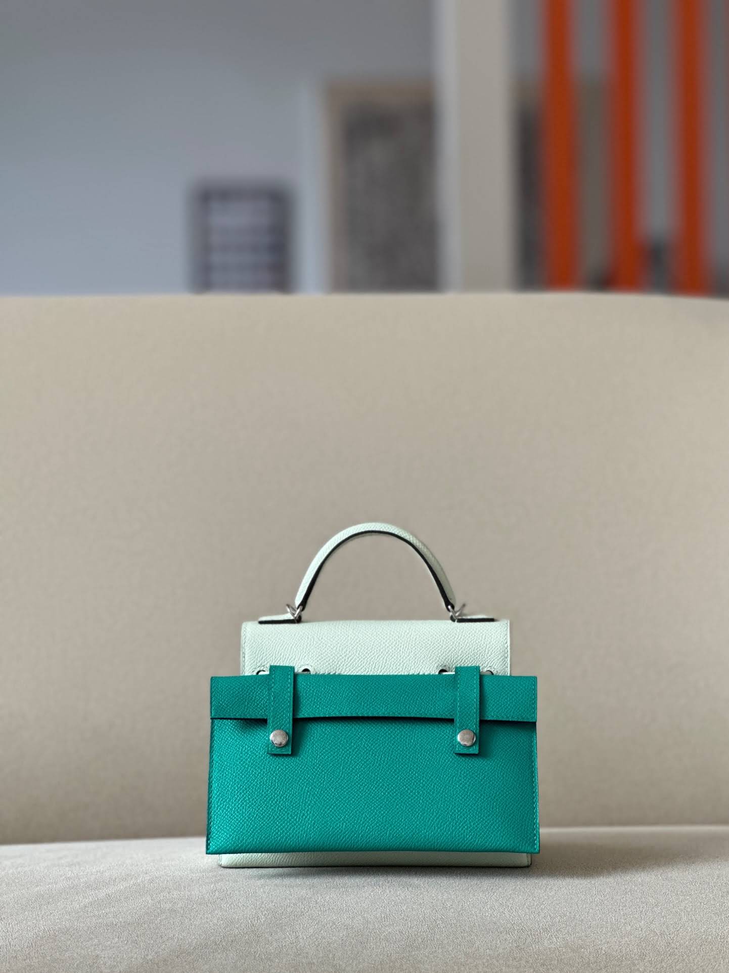 HERMES Kelly Doll Bag /OS Bubble Green/9J Flame Orange/Nata Cream White/06 Imperial Green/Silver Buckle/Epsom Leather  