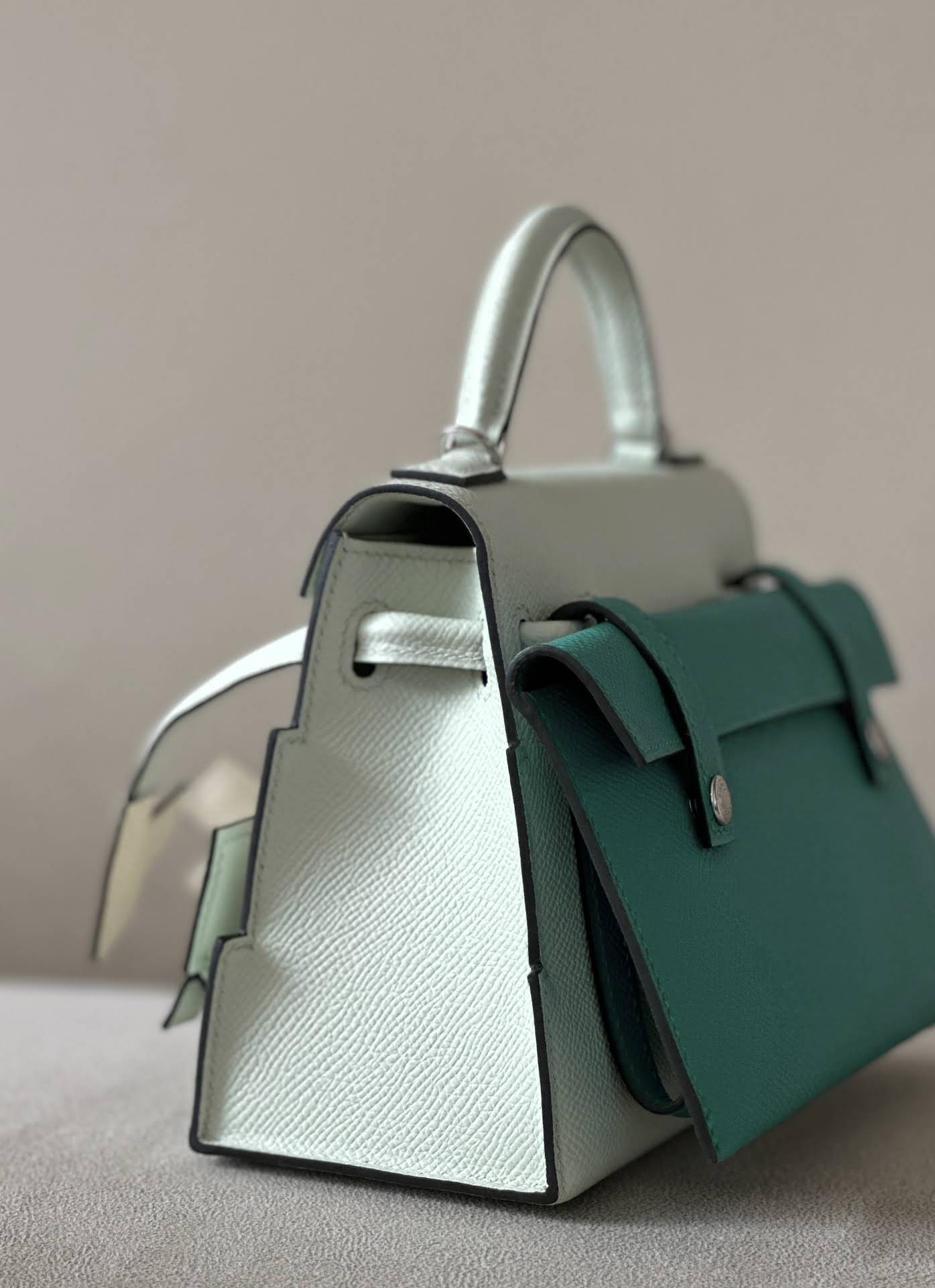 HERMES Kelly Doll Bag /OS Bubble Green/9J Flame Orange/Nata Cream White/06 Imperial Green/Silver Buckle/Epsom Leather  