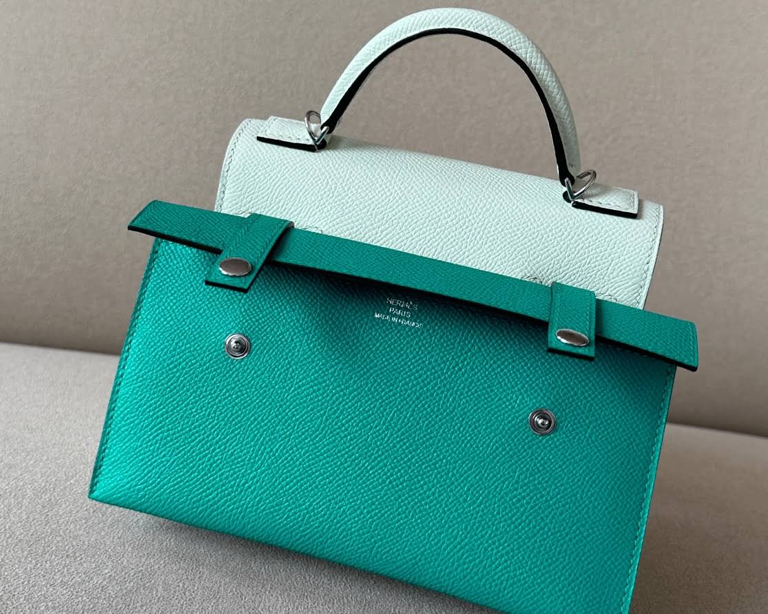 HERMES Kelly Doll Bag /OS Bubble Green/9J Flame Orange/Nata Cream White/06 Imperial Green/Silver Buckle/Epsom Leather  