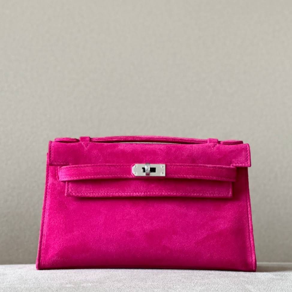 HERMES Kelly 22 Bag /L3 Rose Purple/Silver Buckle/Suede  