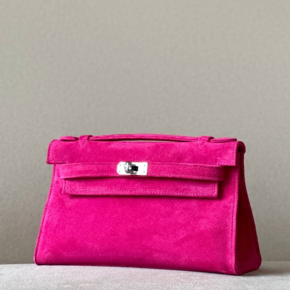 HERMES Kelly 22 Bag /L3 Rose Purple/Silver Buckle/Suede  