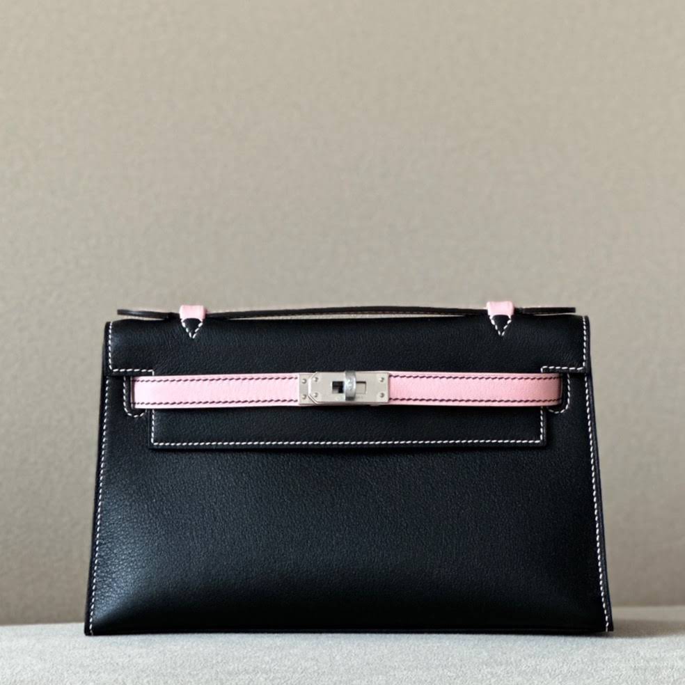 HERMES Kelly 22 Bag /CK89 Black/3Q Sakura Pink/Silver Buckle/Swift  