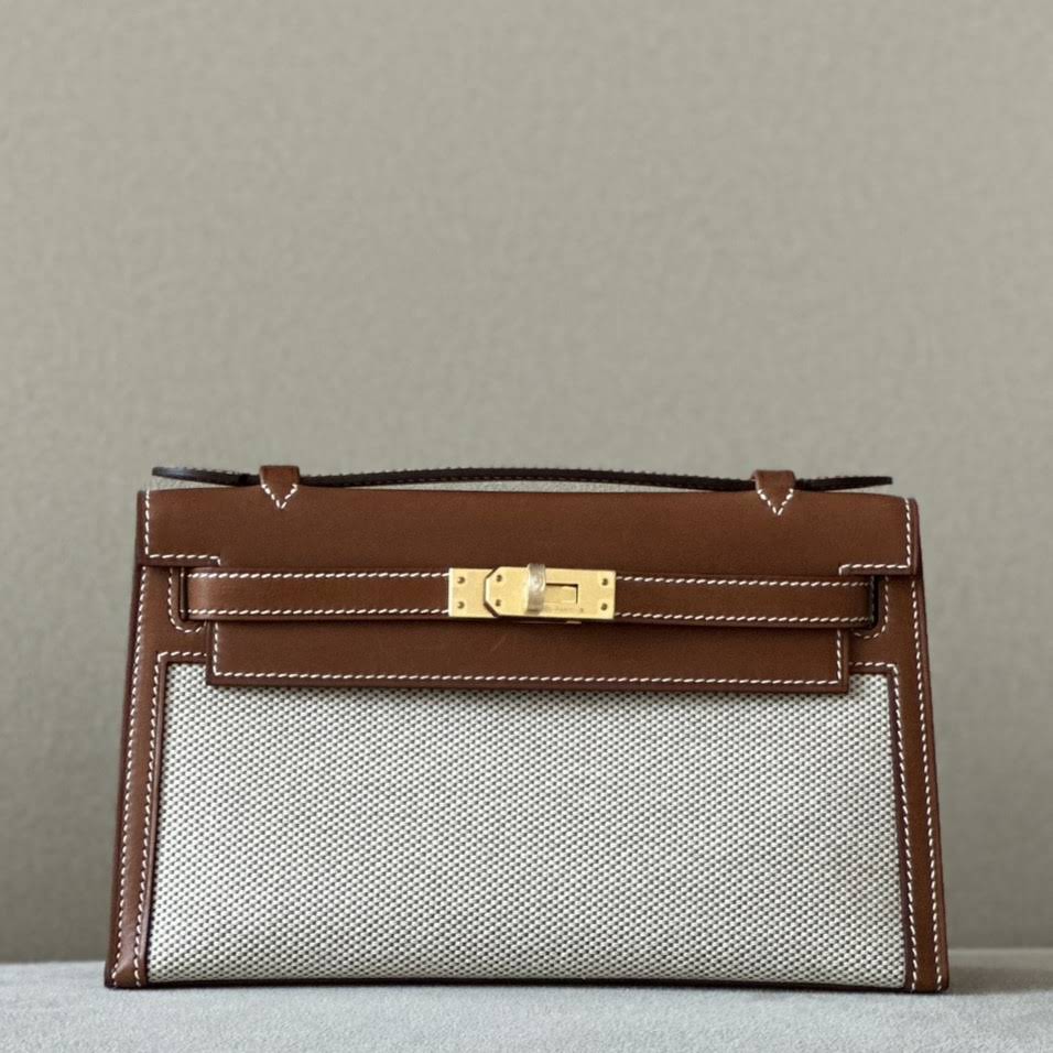 HERMES Kelly 22 Bag /37 Golden Brown/Gold Buckle/Canvas/Saddle Leather  