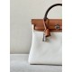 HERMES Herbag Zip 31cm Bag/8L Glacier White/Middle Coffee/Silver Buckle/Saddle/Canvas 