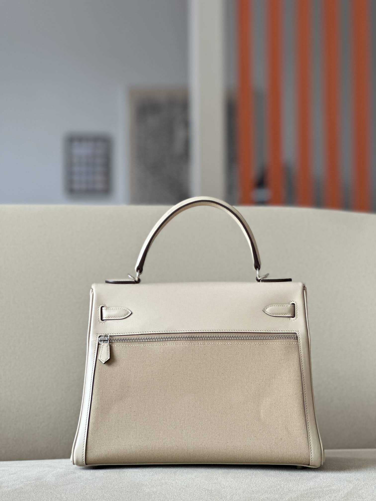 HERMES Kelly Lakis 28 Handmade Bag/S2 Trench Gray/Silver Buckle/BOX/Canvas Leather  