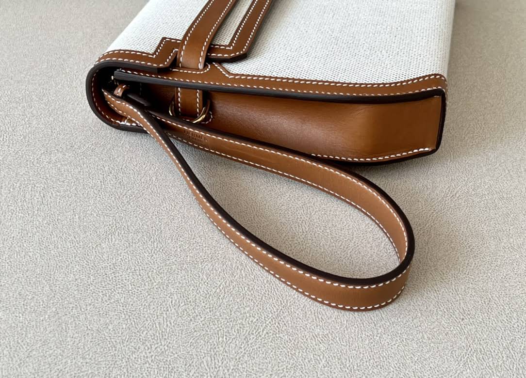 HERMES Kelly Depeches 25 Pouch/CK37 Golden Brown/Gold Buckle/Saddle Leather/Canvas  