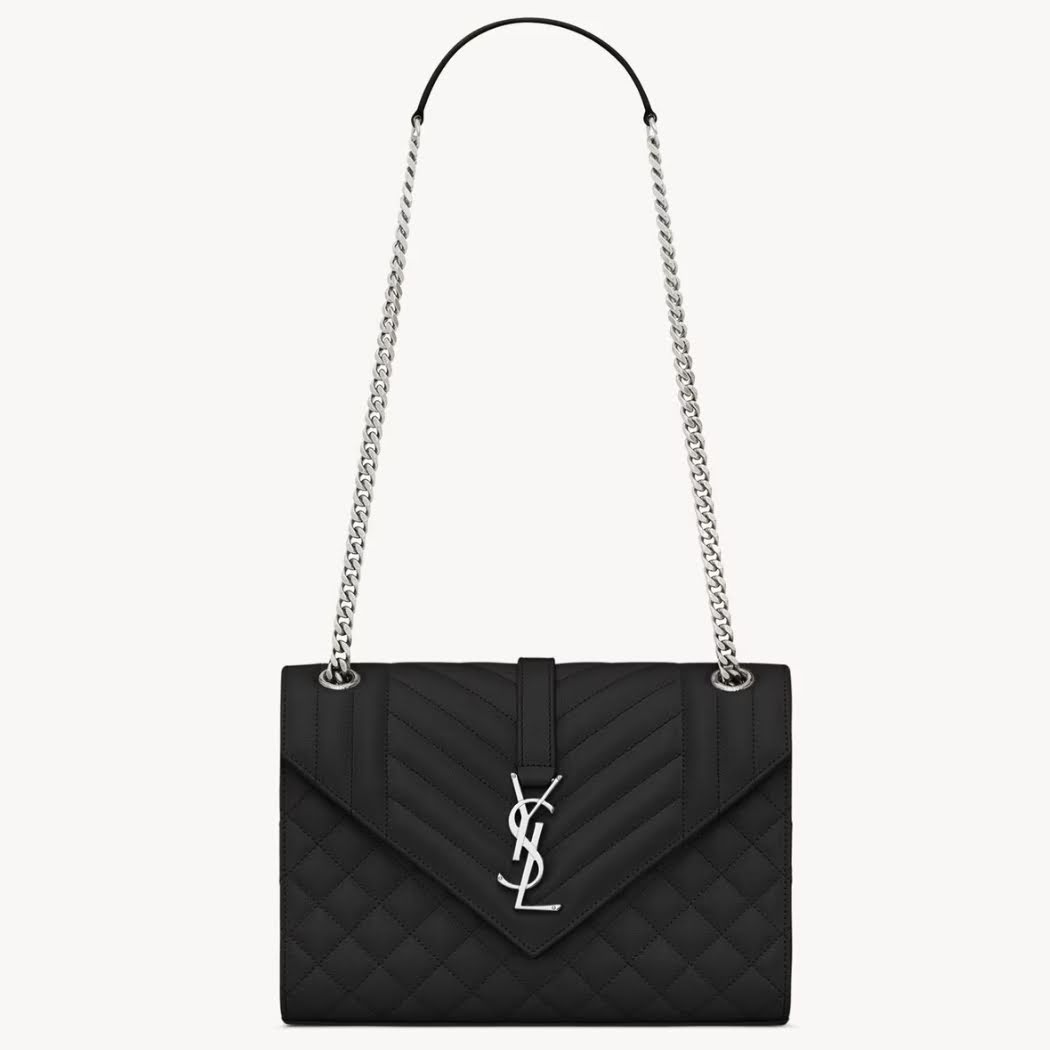 SAINT LAURENT ENVELOPE MEDIUM IN QUILTED GRAIN DE POUDRE EMBOSSED LEATHER (Silver)