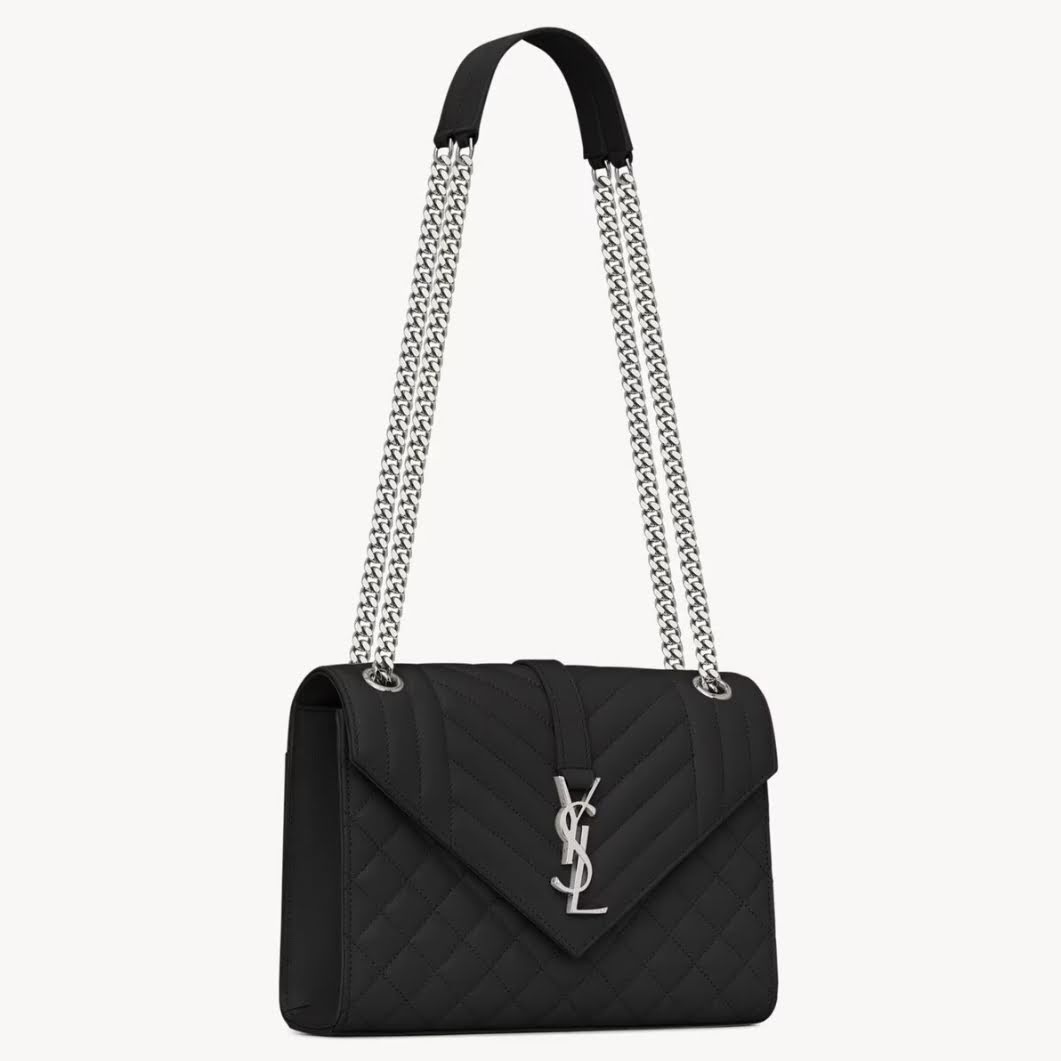 SAINT LAURENT ENVELOPE MEDIUM IN QUILTED GRAIN DE POUDRE EMBOSSED LEATHER (Silver)